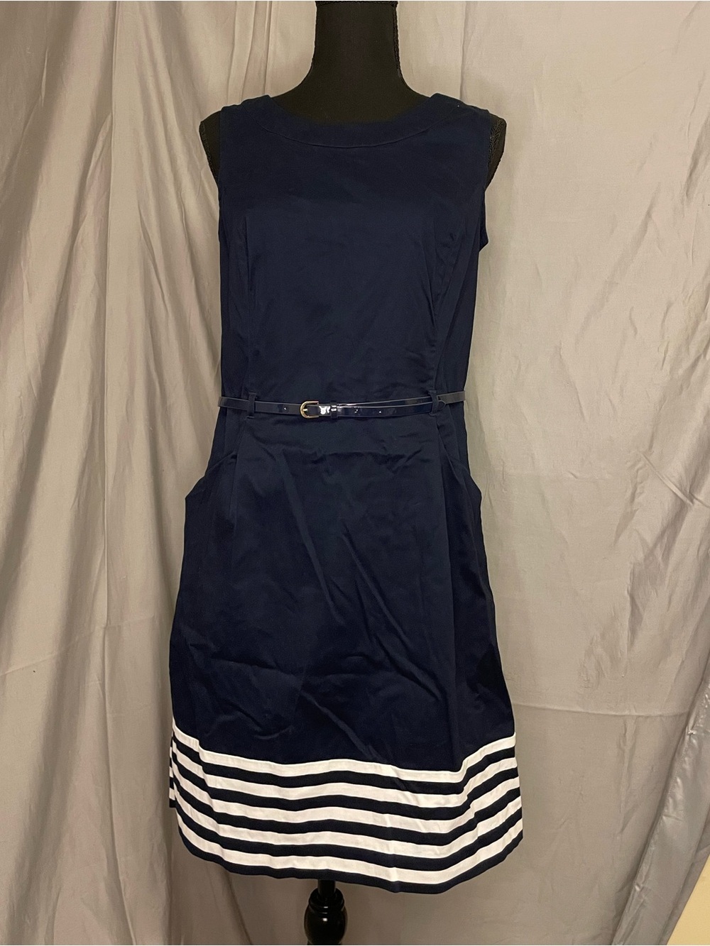 Tommy Hilfiger Navy Sleeveless Belted Dress with White Striped Hem